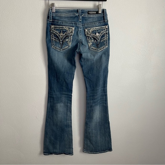 Vigoss Kendra Bootcut Jeans Size 25 Embroidered Mid Rise Denim flap pocket - Picture 1 of 11